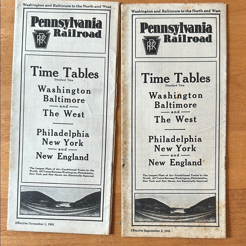 Vintage 1941 Pennsylvania Railroad Time Tables - Washington Baltimore & The West